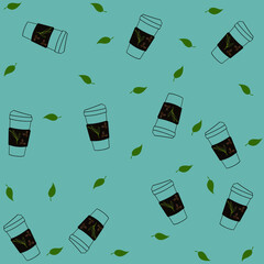 seamless pattern with coffee beans glass on green background for cloth pattern ,baby fabric, pillow case,towel pattern ,floor tiles,wallpaper ,curtain,tiles pattern, home decorating design,paper craft