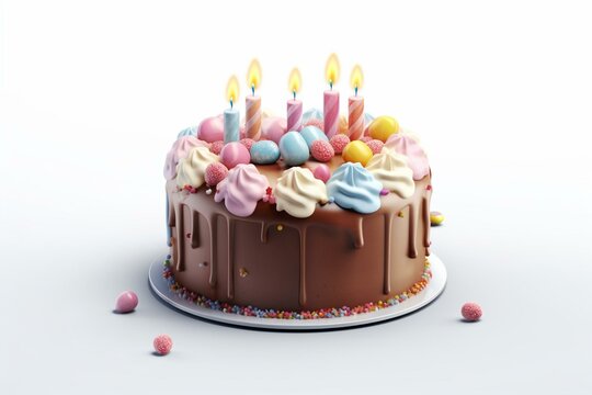 Adorable 3D birthday cake illustration isolated on white background. Sweet food element in PNG format. Generative AI