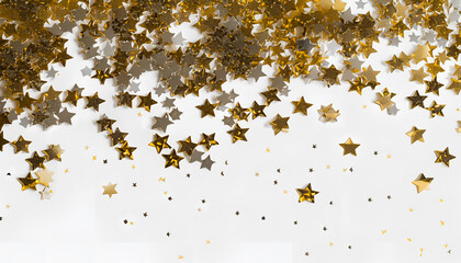 Trendy festive holiday backdrop. Many star-shaped particles for a postcard, invitation or web banner, Silver, golden stars glittering confetti on white background, Ai generated 