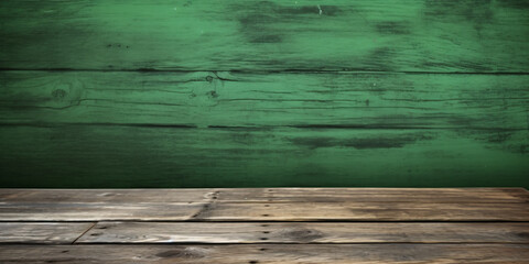 old wooden table with green wood wall for copy space, background