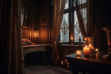 Fototapeta na wymiar Small room with window, candle, and curtains. Generative AI
