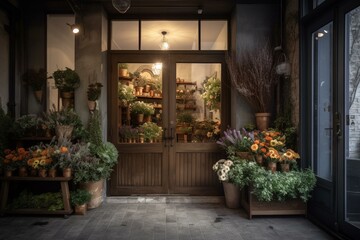 Fototapeta na wymiar A flower shop and cafe with a modern open front door in a rustic style during Covid-19. Generative AI