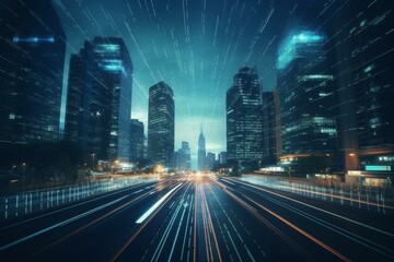 Fototapeta na wymiar Futuristic road surrounded by binary skyscrapers. Illustrates data and automation. Generative AI