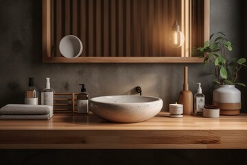 Fototapeta na wymiar Minimal cozy counter design for product presentation with Japan bathroom style. AI generated. Generative AI
