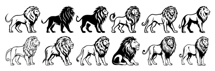 Lion silhouettes set, large pack of vector silhouette design, isolated white background © FutureFFX