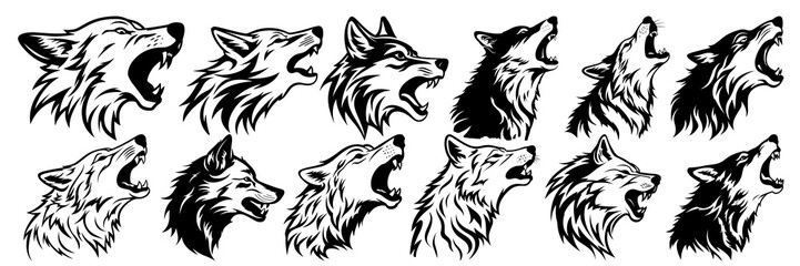 Wolf silhouettes set, large pack of vector silhouette design, isolated white background © FutureFFX
