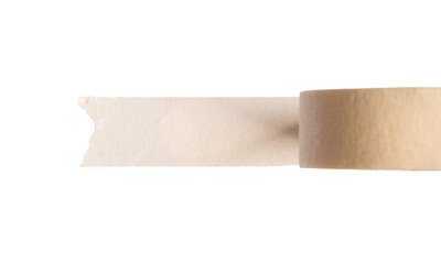 Sticking a tape with a roll of masking tape, top view. Transparent background.