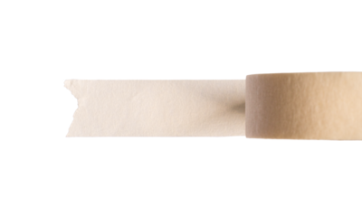 Sticking a tape with a roll of masking tape, top view. Transparent background.