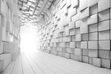 Futuristic wall made of semigloss tiles in a 3D rectangular background. Rendered in white. Keywords: wall, semigloss, futuristic, 3D, rectangular, white, render, tiles, background,. Generative AI