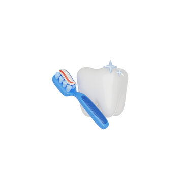 Tooth with toothbrush and toothpaste 3D render icon isolated white background.