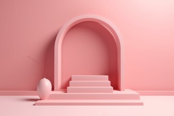 3D pink background with arch and cube podium. Generative AI