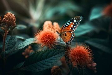 Fototapeta na wymiar Artistic depiction of exotic flowers, lush foliage, and a beautiful butterfly. Generative AI