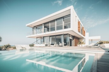 Fototapeta na wymiar Contemporary style beach house with pool, empty terrace, against blue sky, perfect vacation home for large family. Generative AI