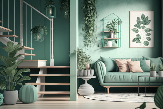Modern composition of living room interior at apartment with mint sofa, wooden ladder, plants, pillow, lamp and elegant accessories. Stylish home decor. Template. generative AI
