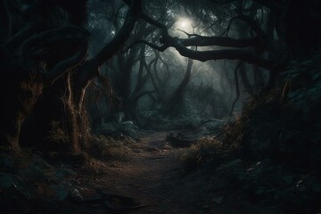 Mysterious and spooky backdrop of an enchanted dark forest. Generative AI