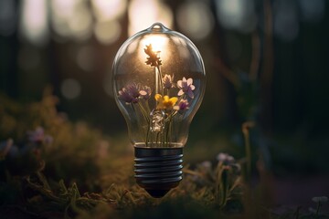 Depicts saving environment & energy, with fresh spring bloom inside light bulb. Generative AI