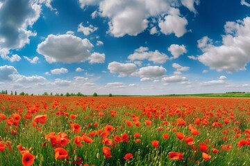 Fototapeta na wymiar Panoramic poppy field under blue sky and clouds. Beautiful natural background for spring and summer. Aerial view. Generative AI