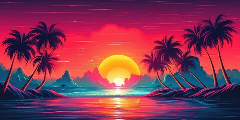 Fototapeta na wymiar Aesthetic beach synthwave retrowave wallpaper with a cool and vibrant neon design, Generative AI