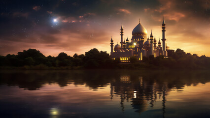 Beautiful Mosque illustration at the lake in sunset or sunrise, with beautiful dramatic light, Created using generative AI tools