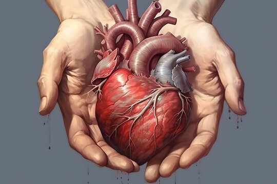 Human heart illustration in palms, Created using generative AI tools