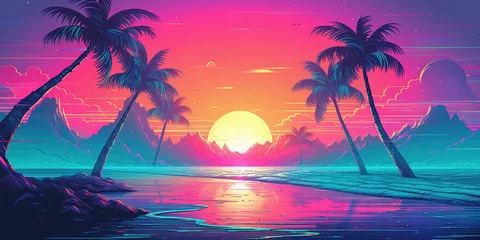 Fotobehang Aesthetic beach synthwave retrowave wallpaper with a cool and vibrant neon design, Generative AI © Intelligence Studio