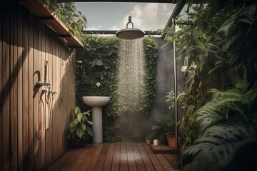 Eco-friendly outdoor shower in a serene atmosphere. Generative AI