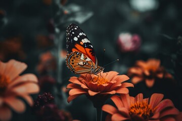 Fototapeta na wymiar A butterfly resting on colorful garden blooms. Generative AI