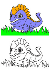 funny dinosaur cartoon-style coloring page for kids with the colored reference image 