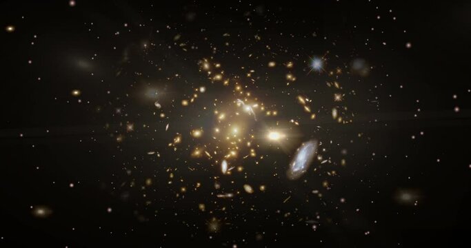 Wide-field view of Light-Bending galaxy cluster in the constellation of Draco. Fly towards the vast galaxies surrounding the cluster and a handful of foreground stars.