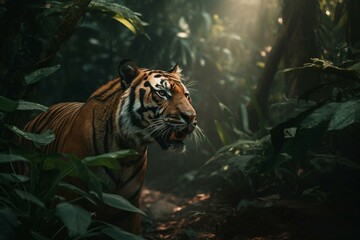 Small jungle tiger roaming in nature. Generative AI