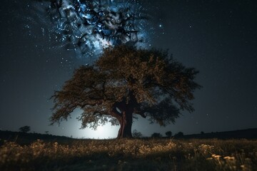 Fototapeta na wymiar Solitary tree against a starry sky. Generative AI