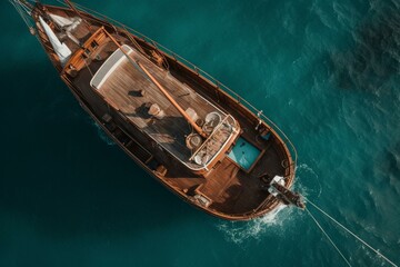 Fototapeta na wymiar Bird's eye view of posh boat docked on exotic shore imagined with. Generative AI