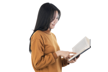 Happy Asian woman reading a book.
