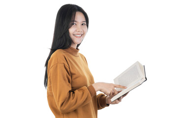 Happy Asian woman reading a book.