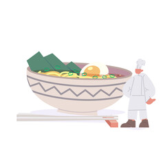 Bowl with ramen served with chopsticks and spoon. Japanese noodle soup with shrimps, salmon, egg, nori, spinach and sesame seeds. Traditional Asian food.