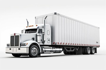 Naklejka na ściany i meble An American freight truck transporting a cargo container on white background. Perspective view. Generative AI