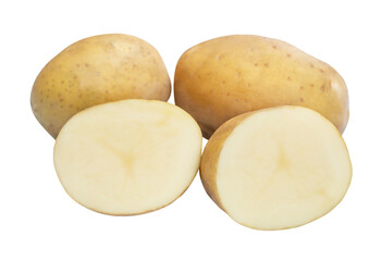 Raw potatoes and half potatoes isolated transparent background.