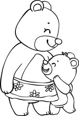 Cute mom bear and baby bear mother's day cartoon animal outline doodle drawing