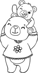Cute mom bear and baby bear mother's day cartoon animal outline doodle drawing