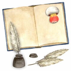 Mystery open book with a drawn red satanic mushroom boletus, next to the book feathers and inkwell. Watercolor hand drawn illustration isolated on white background. Template for design.