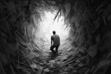 black and white drawing of a man walking through a dark tunnel of straw to a light at the end. A concept motif on the subject to get out of fear, depression and loneliness. - obrazy, fototapety, plakaty