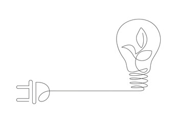 Green energy icon in continuous line art drawing style. Plant inside light bulb with power plug as a symbol of environmental friendly sources of energy black linear design isolated on white background