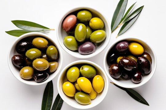 four bowls filled with a variety of olives Generative AI