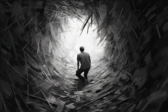 black and white drawing of a man walking through a dark tunnel of straw to a light at the end. A concept motif on the subject to get out of fear, depression and loneliness.