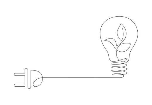 Green Energy Icon In Continuous Line Art Drawing Style. Plant Inside Light Bulb With Power Plug As A Symbol Of Environmental Friendly Sources Of Energy Black Linear Design Isolated On White Background