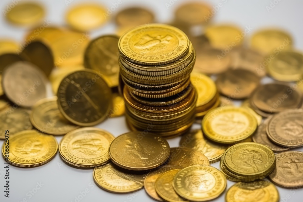 Poster stack of coins on a wooden table with a blurred background generative ai