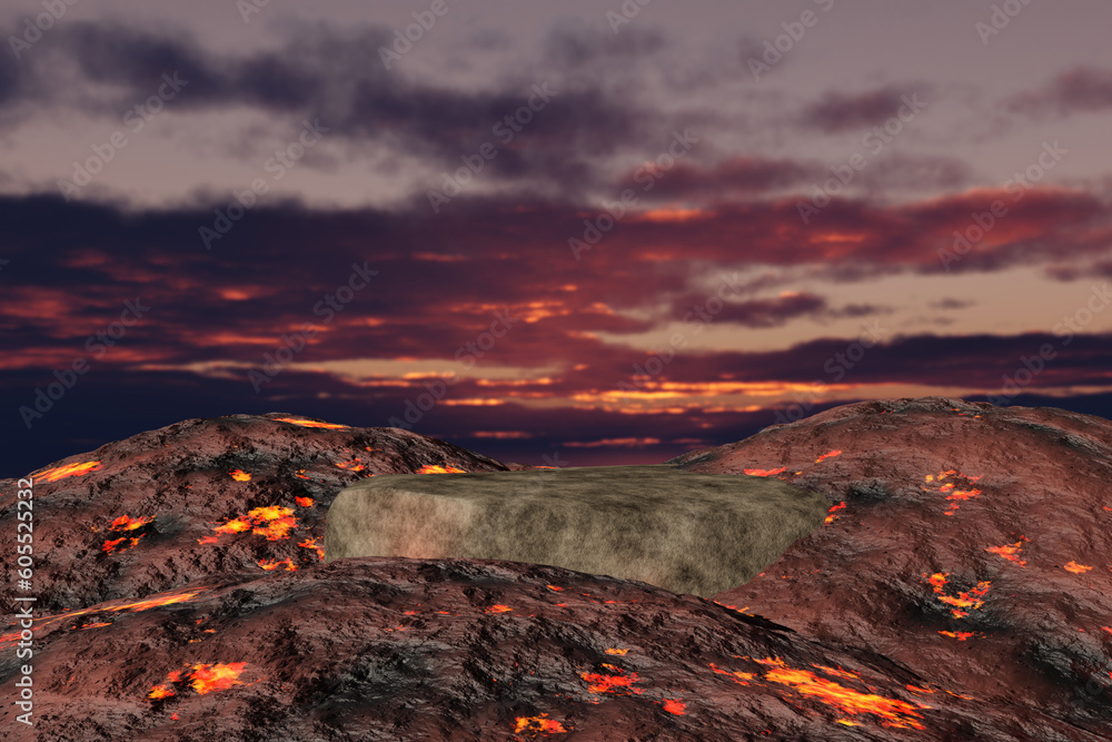 Poster abstact 3d render platform backgrond, stone podium on the lava and magma with rocks smelt in volcano