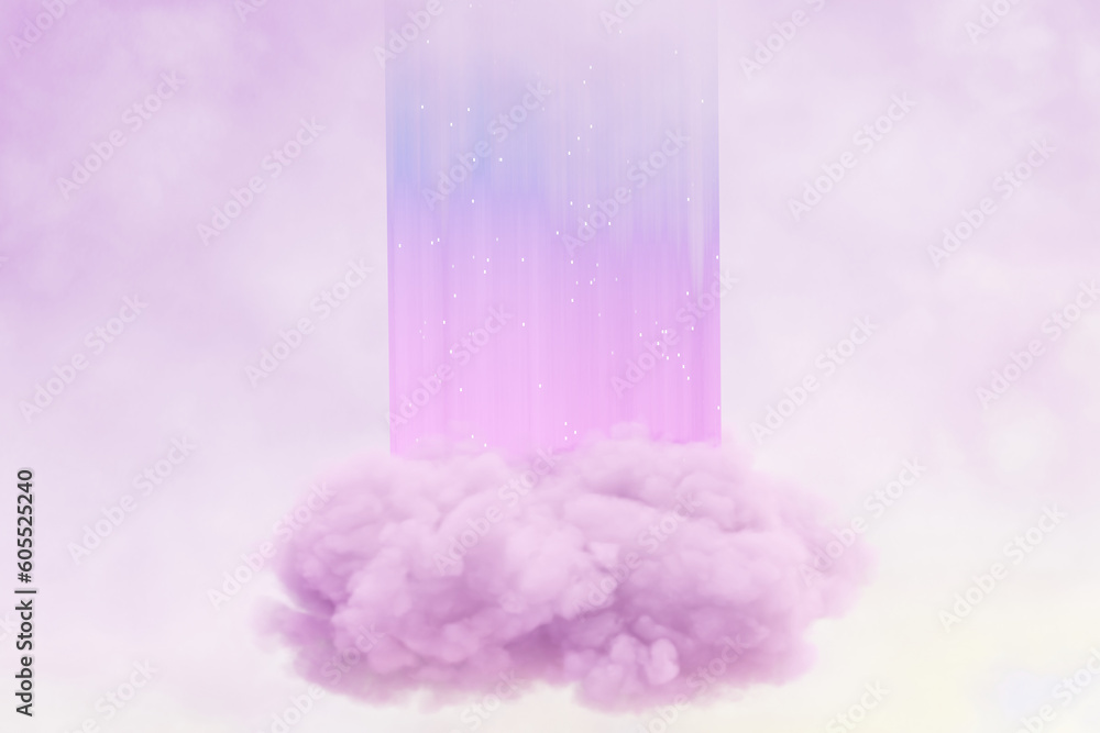 Poster abstact 3d render podium background, the cloud float in the pastel pink sky and in cloud has a beam 