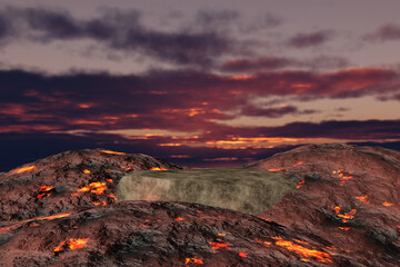 Obraz na płótnie Canvas Abstact 3D render Platform backgrond, Stone podium on the lava and magma with rocks smelt in volcano, backdrop sunset and