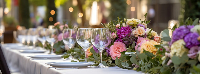 Fototapeta na wymiar Floral table setting for outdoor events and weddings - Perfect for your website banner!, generative AI